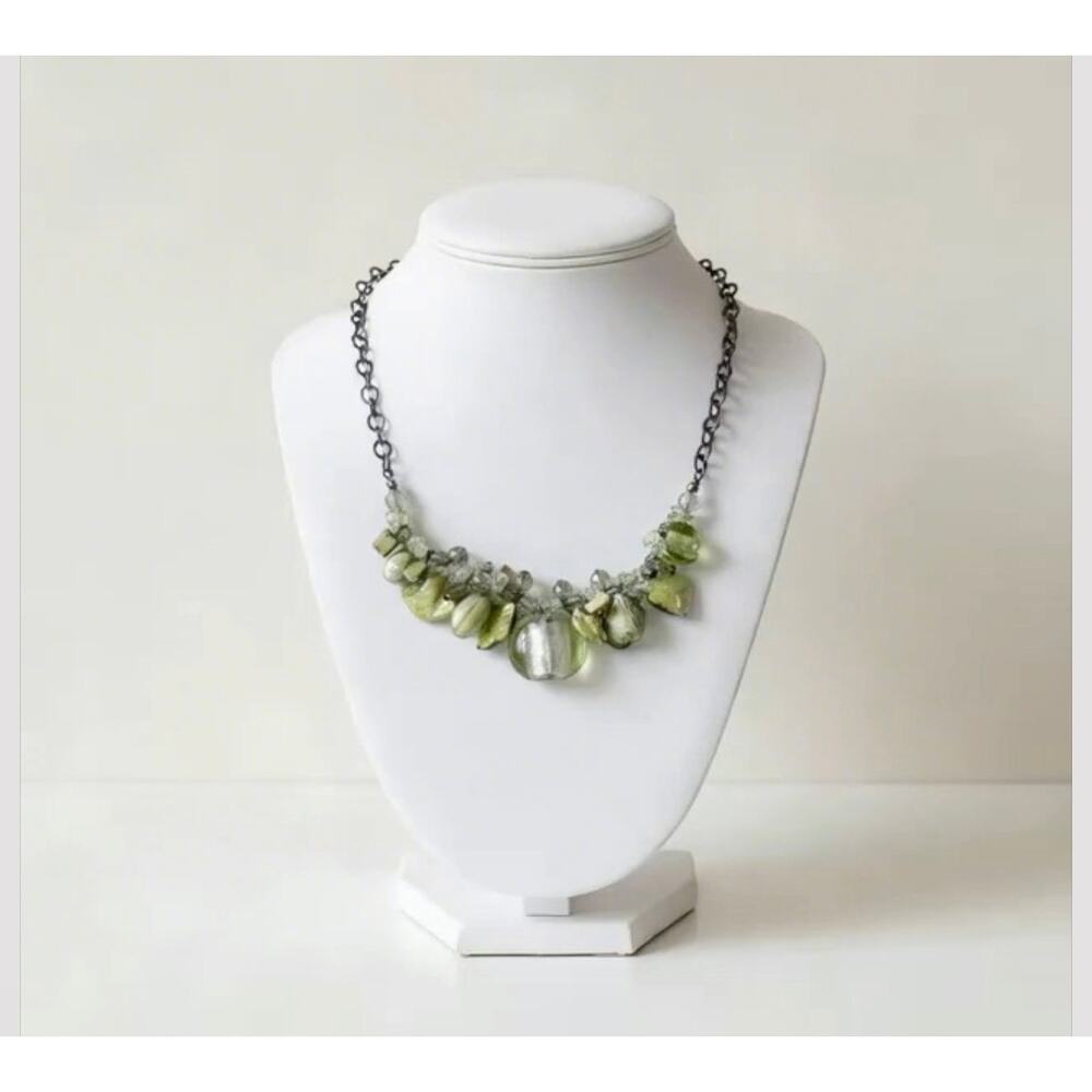 Green Mother of Pearl Glass Statement Necklace Gunmetal Adjustable 19-22โ